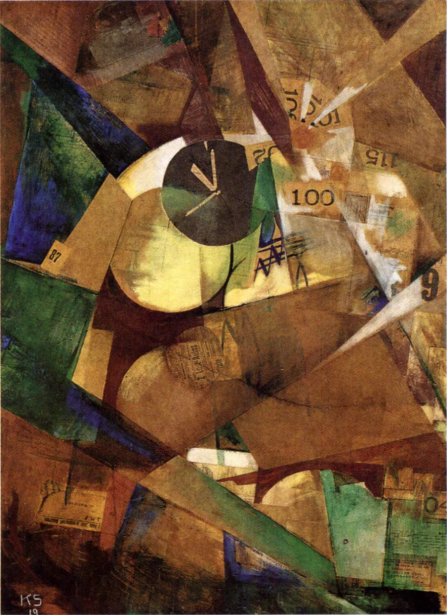 Torn papers, tickets, printed numbers and scraps of card glued down and painted over in ochre, blue and green. A round clock face shows through near the middle.