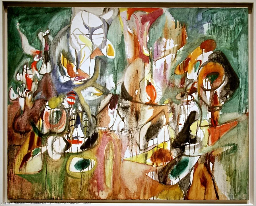Loose washes of green, ochre and red with dark shapes floating in them. Nothing is a thing you could name, and it still looks like something growing.