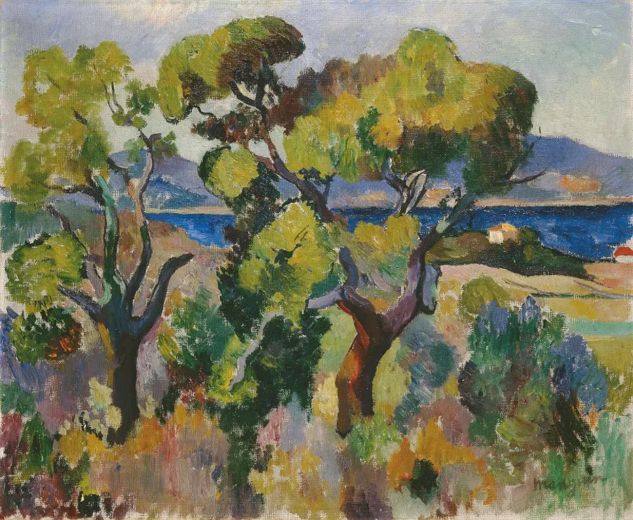 Olive trees leaning under a hard wind above a blue bay, painted in loose green and silver strokes with the canvas showing through.