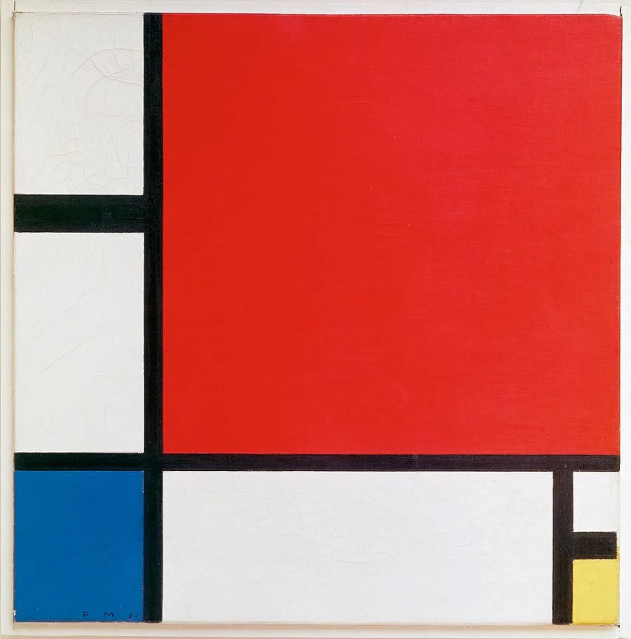 Heavy black lines divide a white square. One large red block sits at the top, with a small blue and a small yellow one at the bottom. No two areas are the same size.