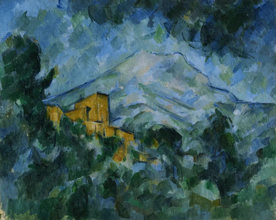 A mountain above wooded slopes, built from square patches of green, ochre and blue laid side by side like bricks.