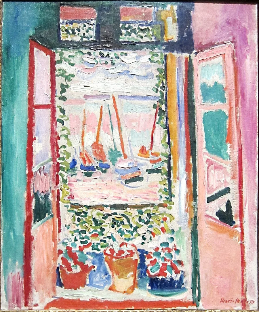 A window standing open onto a harbour. The wall is pink, the window frame green, the sea is made of pink and turquoise strokes, and the boats have red masts.