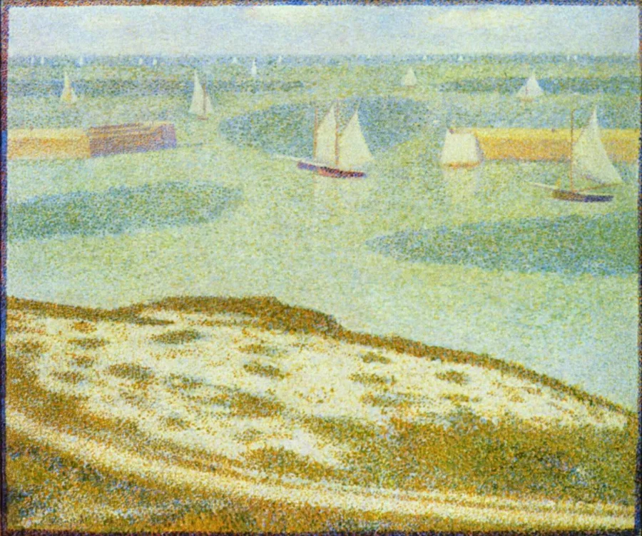 A small harbour with stone walls and moored boats under a pale sky. Water, wall and cloud are all built from tiny separate dots of colour.