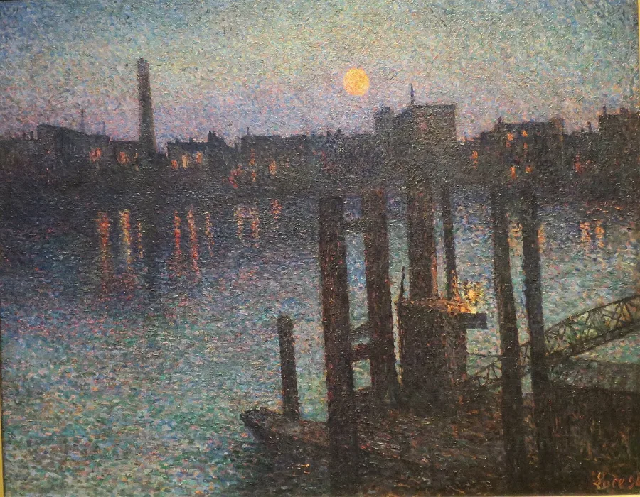 The Thames at night: a low moon, a chimney, dark barges, and the water carrying broken reflections. Even the darkness is made of separate coloured dots.
