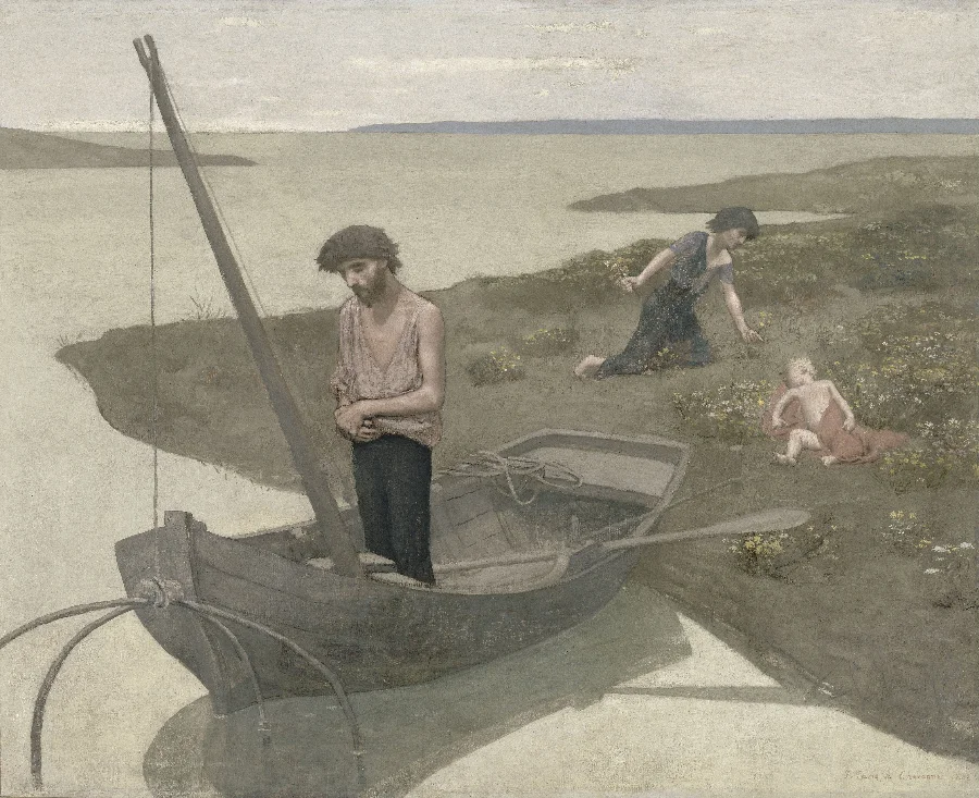 A man stands in a small boat with his head bowed, on pale still water. Everything is quiet, simplified and drained of bright colour.