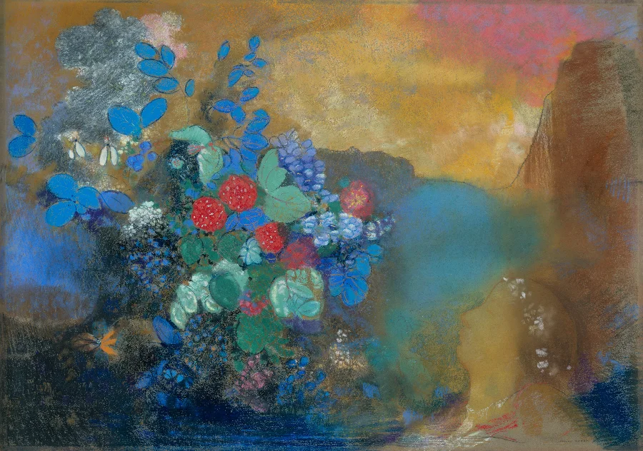 A sleeping face lies sideways among enormous flowers in blue, gold and rose. Nothing says where the water ends and the dream begins.