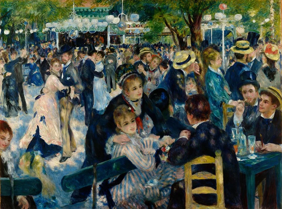 A crowded open-air dance on a Sunday afternoon. Sunlight falls through the trees in patches, dappling faces, hats and clothes.