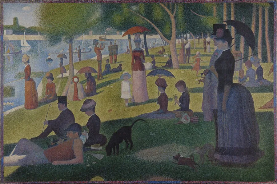 People resting on a riverbank on a Sunday. Every figure and every leaf is built from thousands of small separate dots of colour.
