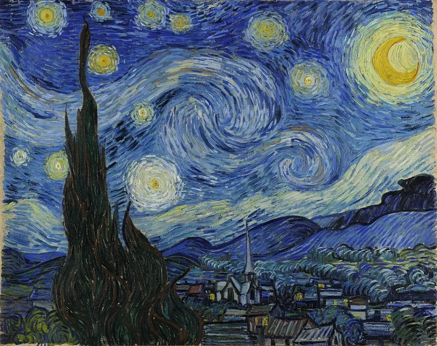A village asleep under a night sky that will not keep still. The sky is built from thick curling strokes you can follow with a finger.
