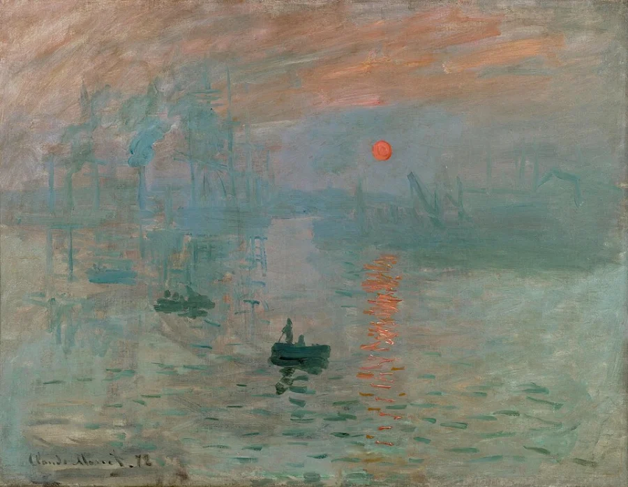 A harbour at dawn in blue-grey mist. The orange sun and its broken reflection are laid on in short, separate strokes you can count.