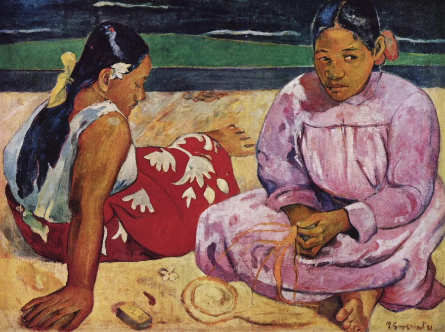 Two women sitting on pink sand, one in a white dress and one in a striped wrap, painted in large flat areas of strong colour.