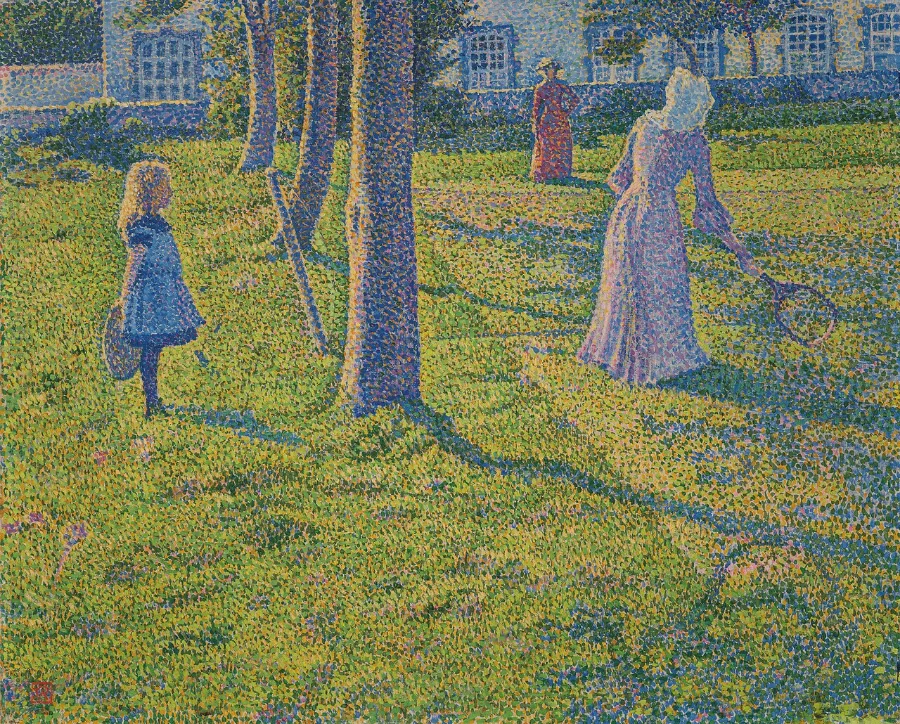 Figures in pale dresses standing on a sunlit lawn between tall tree trunks. Grass, shadows, dresses and leaves are all made of the same small separate touches.