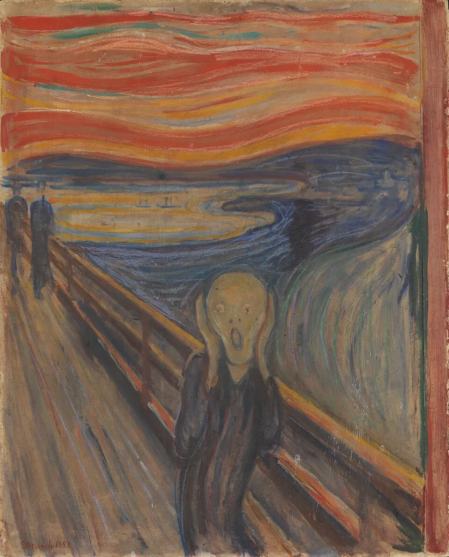 A figure on a bridge holds its face while the sky behind burns orange and red, and the whole landscape bends into the same wave.