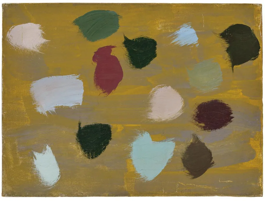 Short thick strokes of white, green, dark red and pale blue, each one laid down in a single movement, scattered evenly across a warm ochre ground.