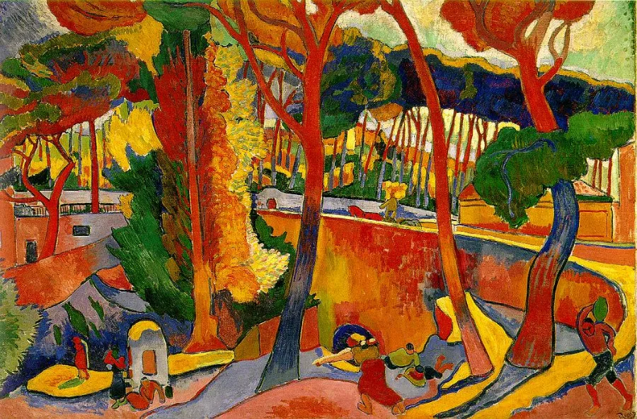 A road curving through trees whose trunks are red and orange and whose foliage is yellow and green. The ground is pink. Nothing is the colour it would be outdoors.
