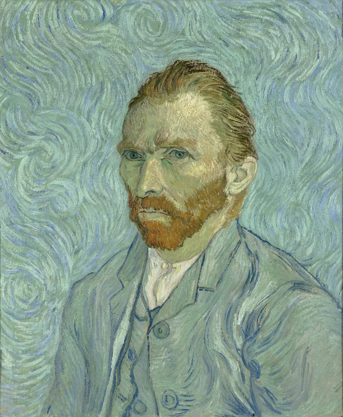 Van Gogh looking straight out at us against a background of swirling blue-green strokes that seem to move around his head.