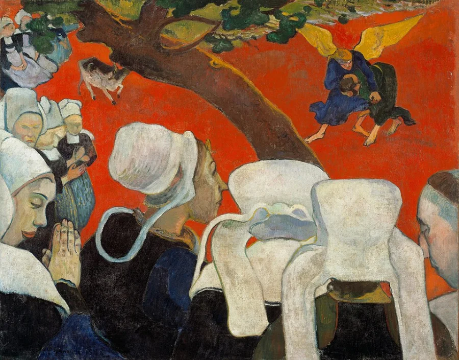 Breton women in white caps pray at the edge of a field that is not green but flat, burning red. Above it, two small figures wrestle.